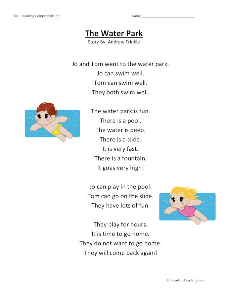 Water Park Reading Comprehension Worksheet