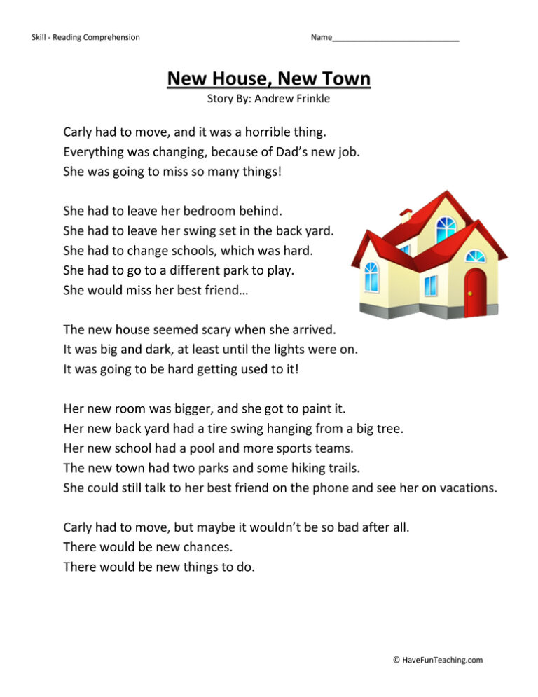 New House New Town Reading Comprehension Worksheet