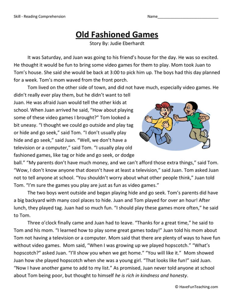 Old Fashioned Games Reading Comprehension Worksheet