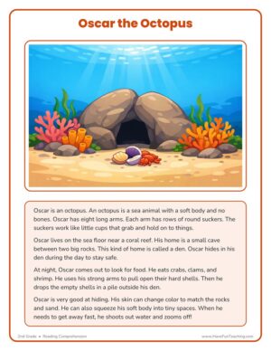 2nd grade Oscar the Octopus reading comprehension worksheet with a text about an octopus