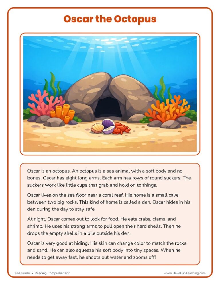 Oscar the Octopus Reading Comprehension Worksheet