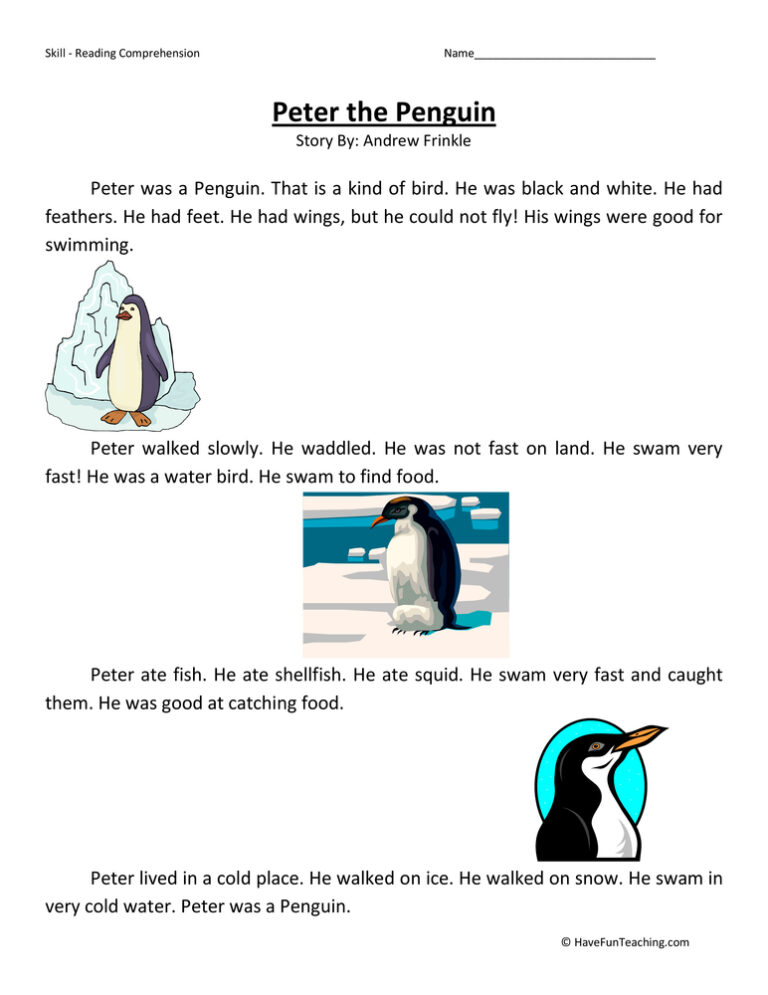 Peter the Penguin Reading Comprehension Worksheet