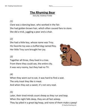 Rhyming Bear Reading Comprehension Worksheet