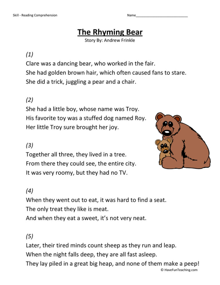 Rhyming Bear Reading Comprehension Worksheet