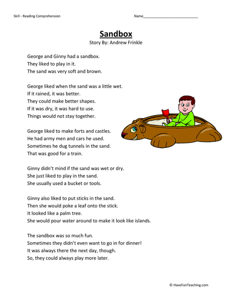Sandbox Reading Comprehension Worksheet