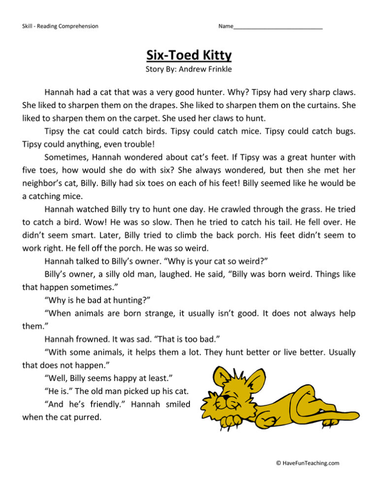 Six-Toed Kitty Reading Comprehension Worksheet