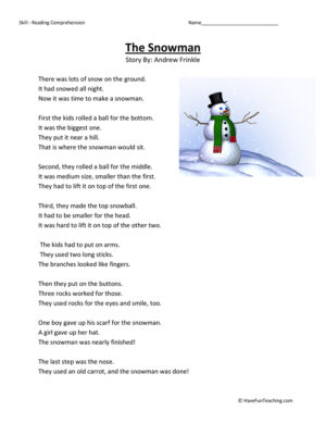 Snowman Reading Comprehension Worksheet