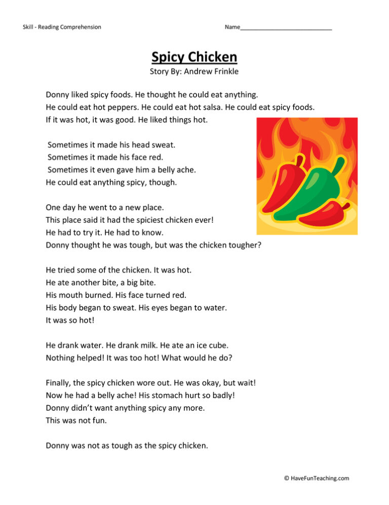 Spicy Chicken Reading Comprehension Worksheet
