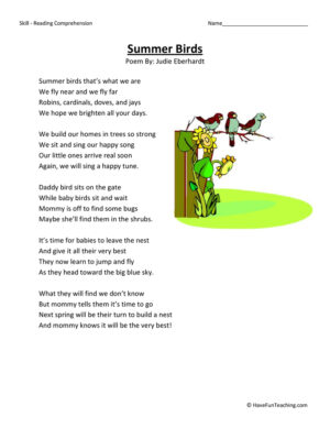 Summer Birds Reading Comprehension Worksheet