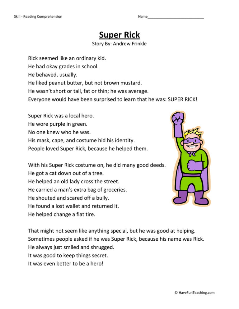 Super Rick Reading Comprehension Worksheet