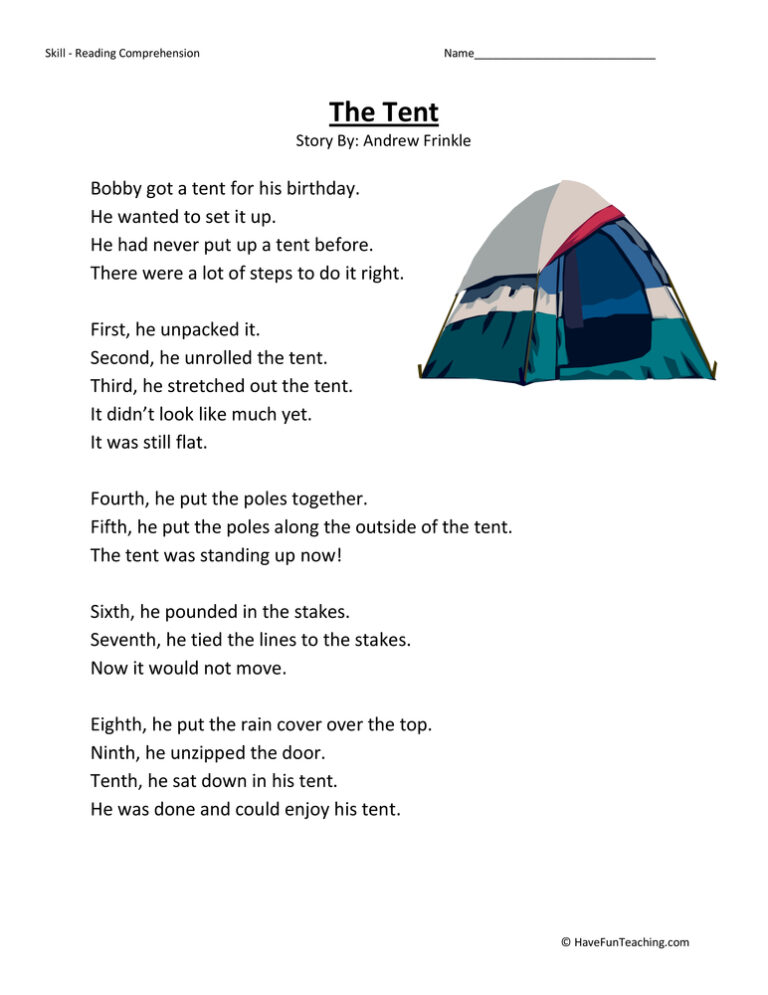 Tent Reading Comprehension Worksheet