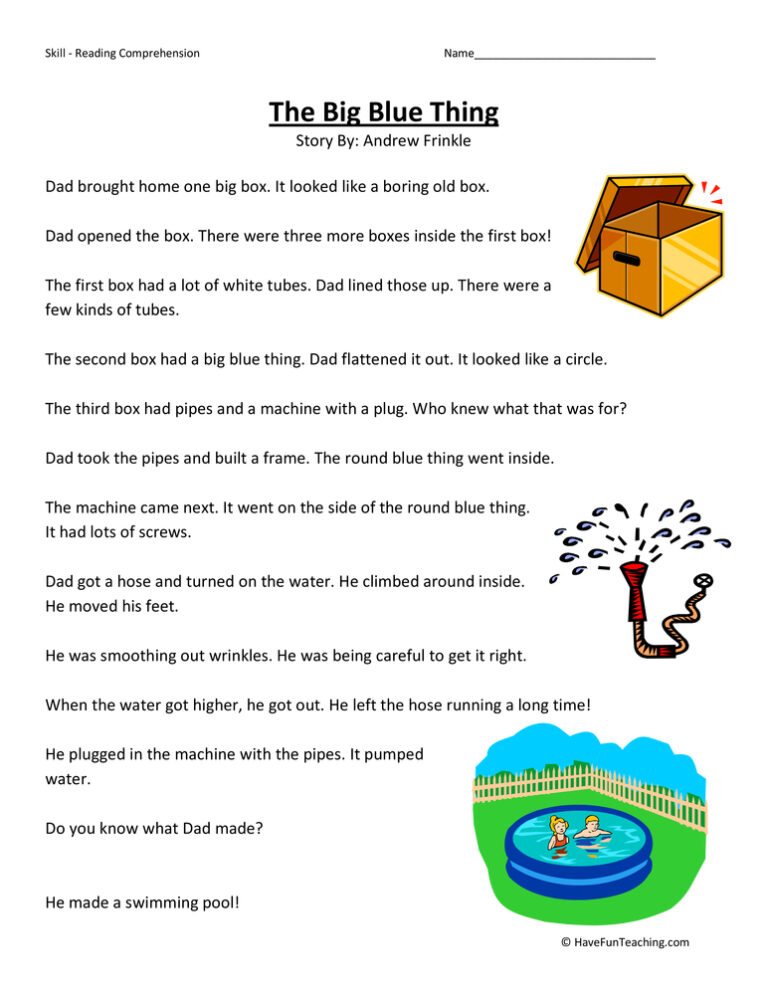 The Big Blue Thing Reading Comprehension Worksheet