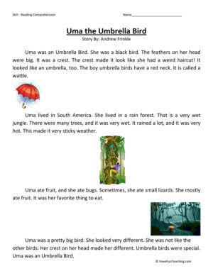Uma the Umbrella Bird Reading Comprehension Worksheet