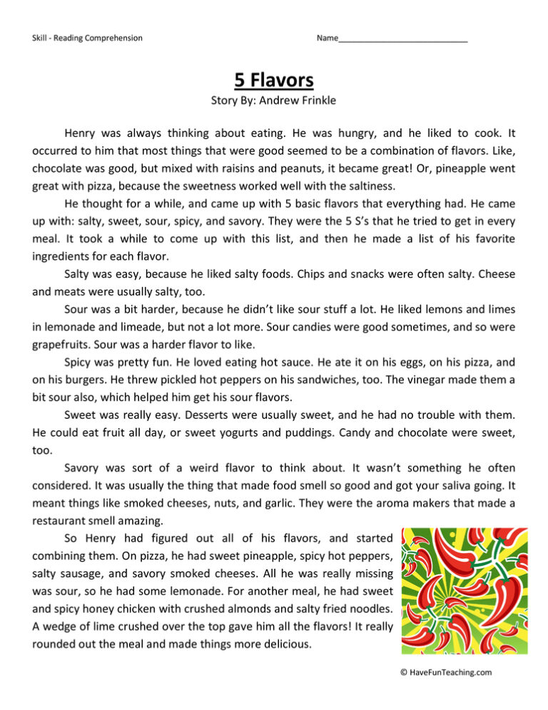 5 Flavors Reading Comprehension Worksheet