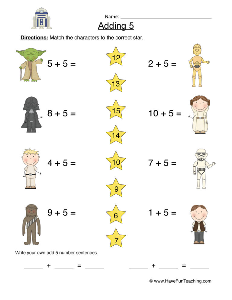 Adding Five Matching Worksheet