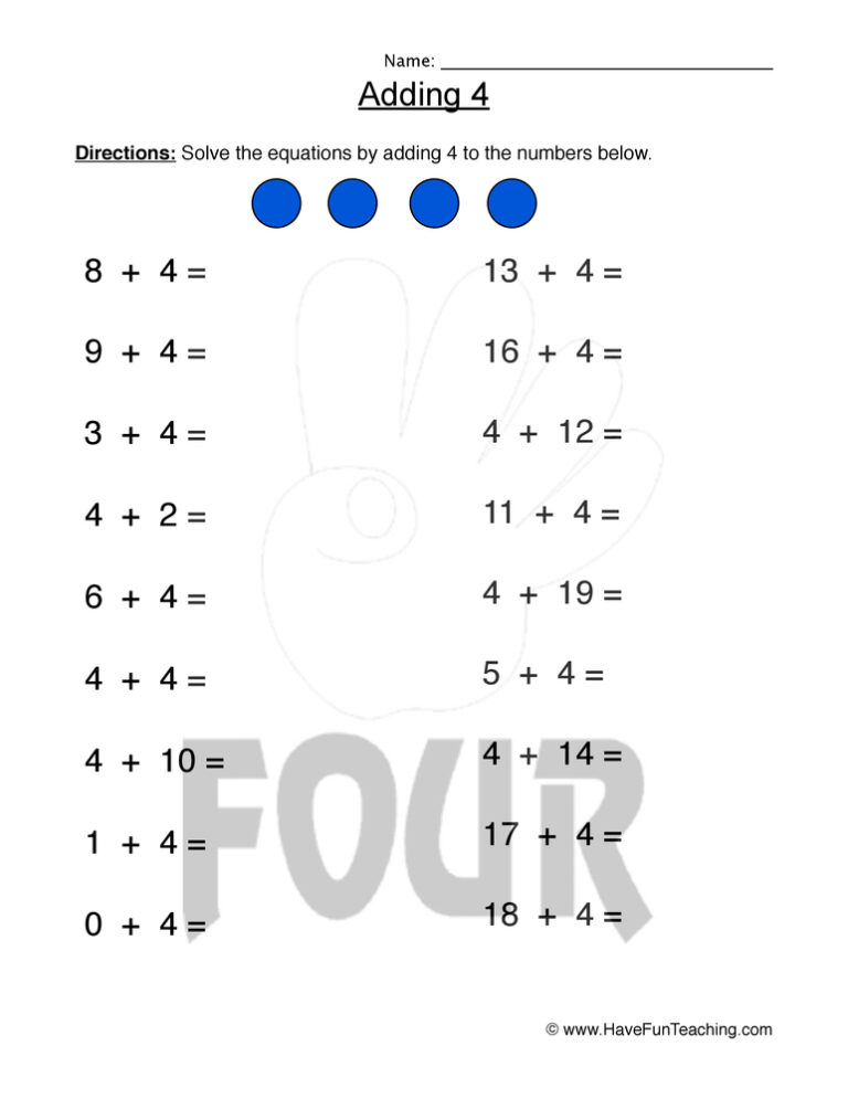 Adding Four Equations Worksheet - Have Fun Teaching