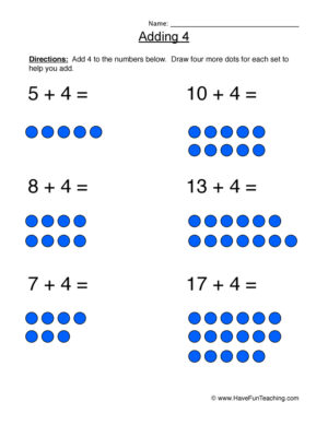 Adding Four Using Pictures Worksheet