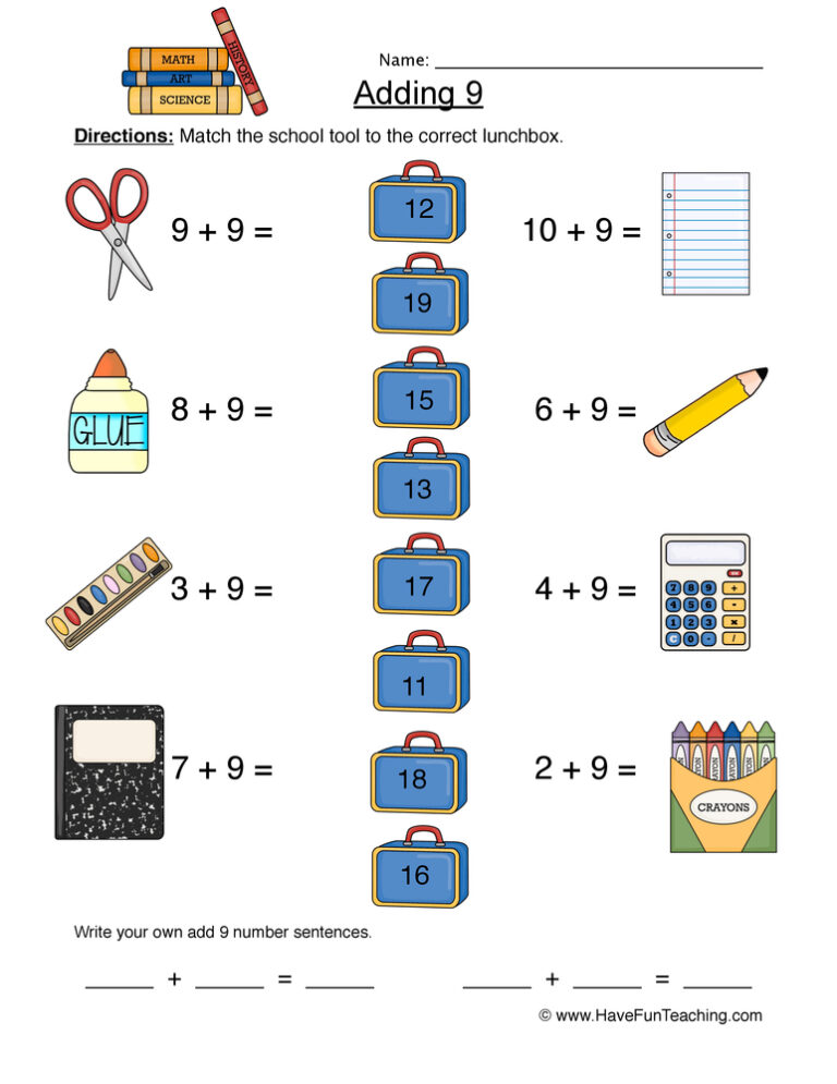 Adding Nine Matching Worksheet