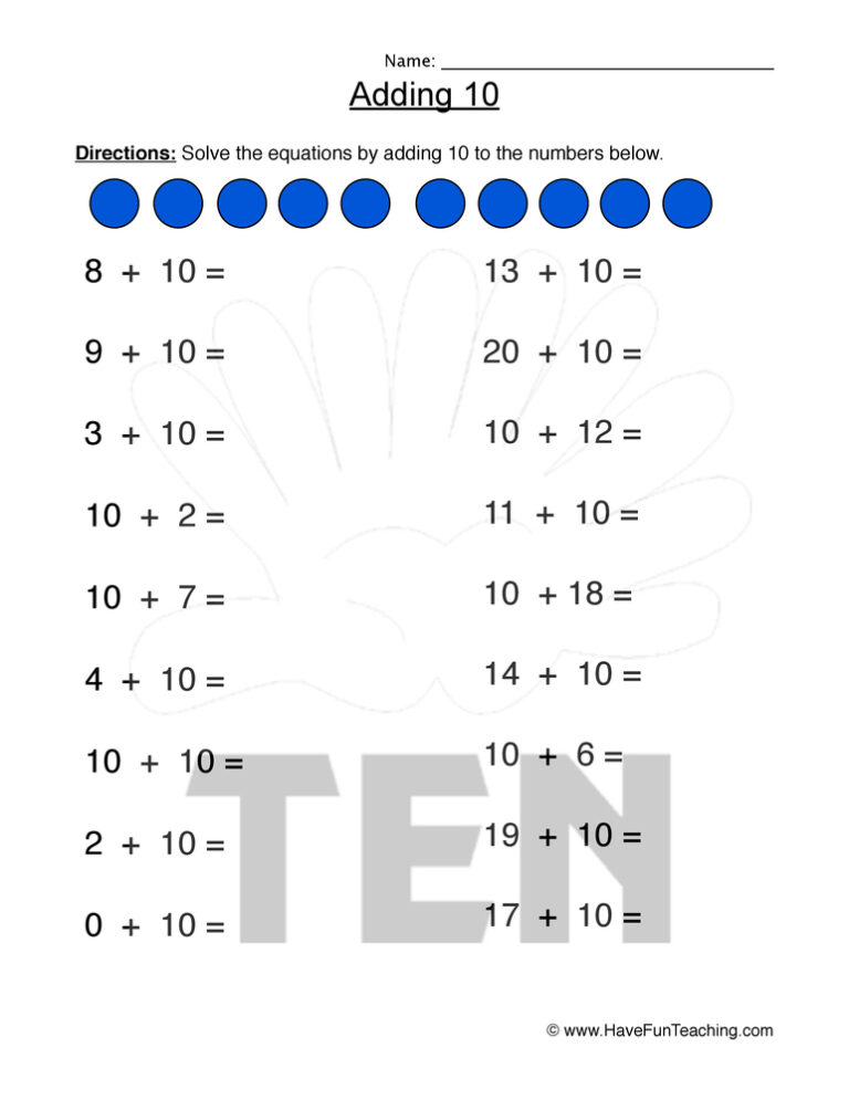 Adding Ten Equations Worksheet