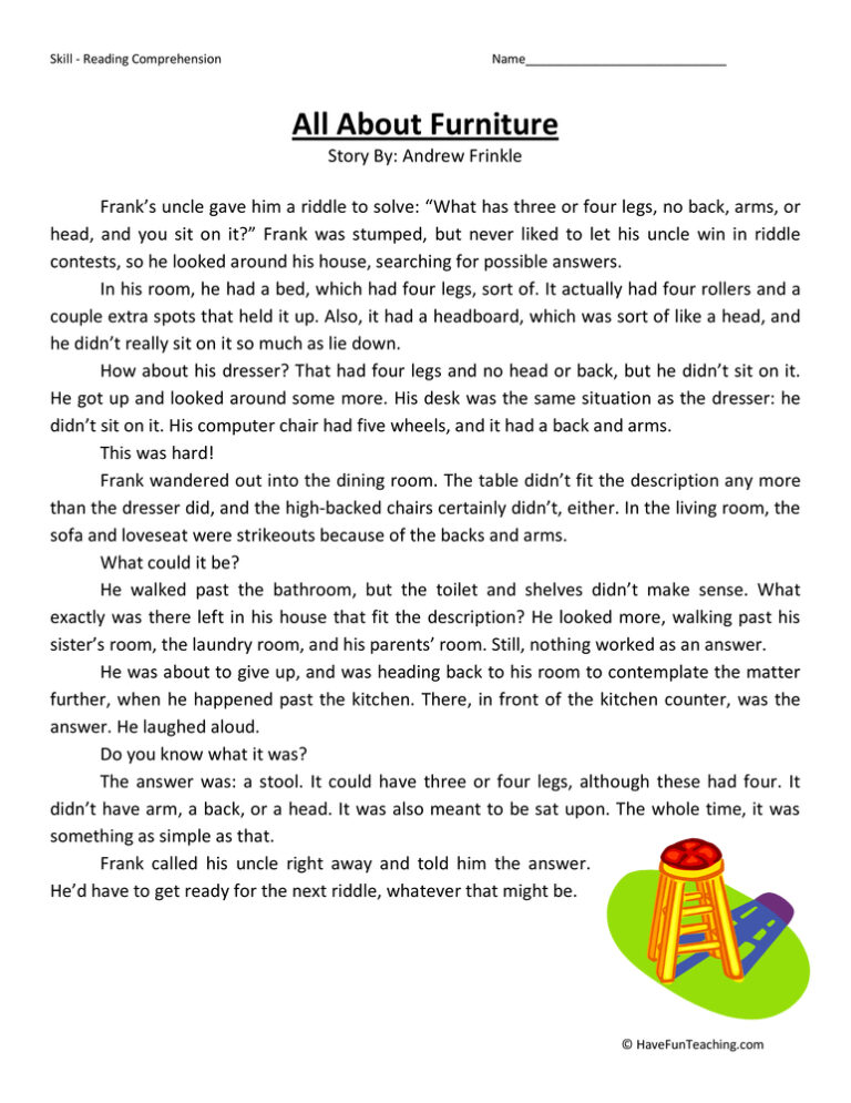 All About Furniture Reading Comprehension Worksheet
