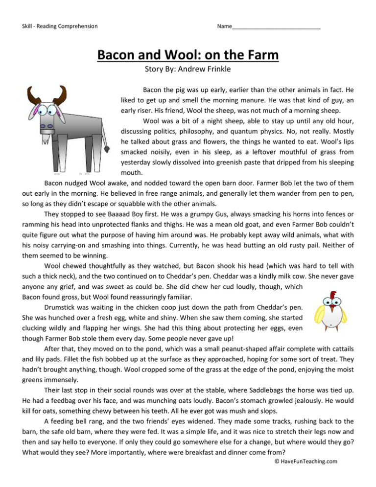 Bacon and Wool: On the Farm - Reading Comprehension Worksheet