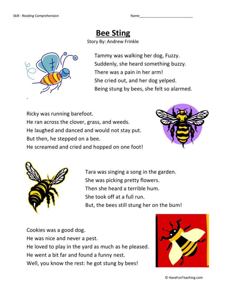 Bee Sting - Reading Comprehension Worksheet