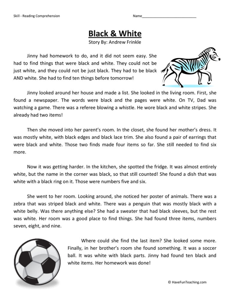 Black and White - Reading Comprehension Worksheet