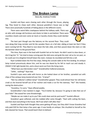 Broken Lamp - Reading Comprehension Worksheet