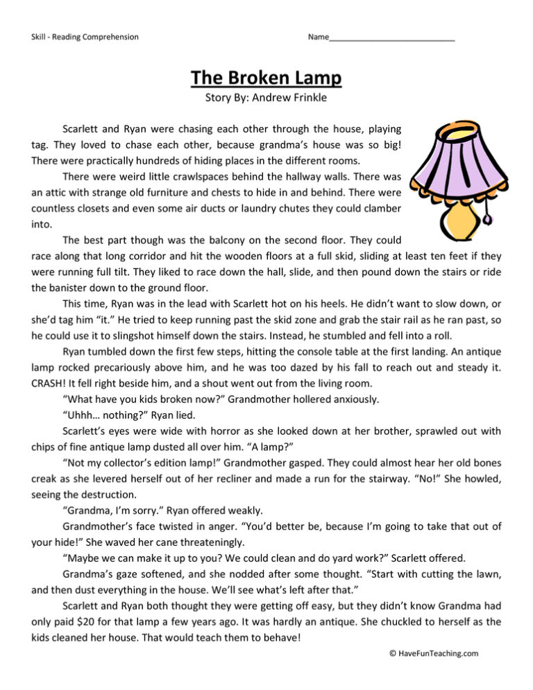 Broken Lamp - Reading Comprehension Worksheet