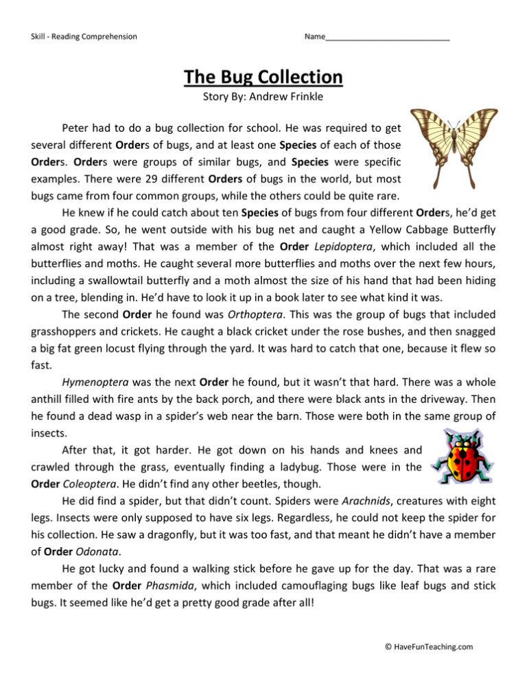 Bug Collection - Reading Comprehension Worksheet