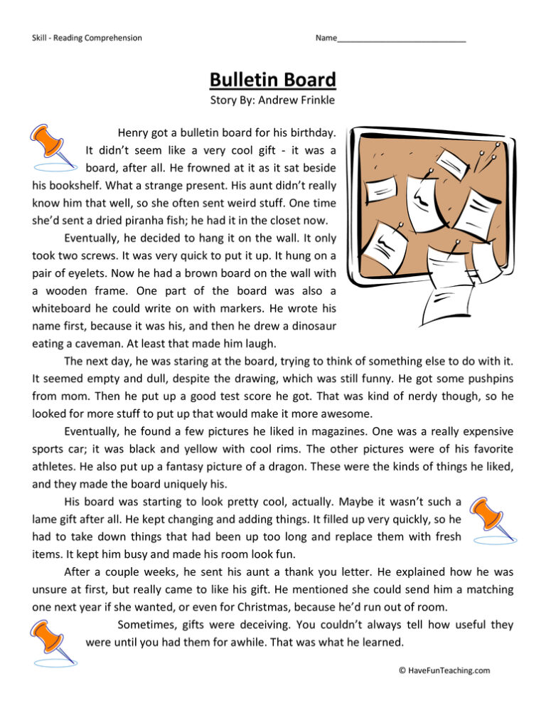 Bulletin Board - Reading Comprehension Worksheet