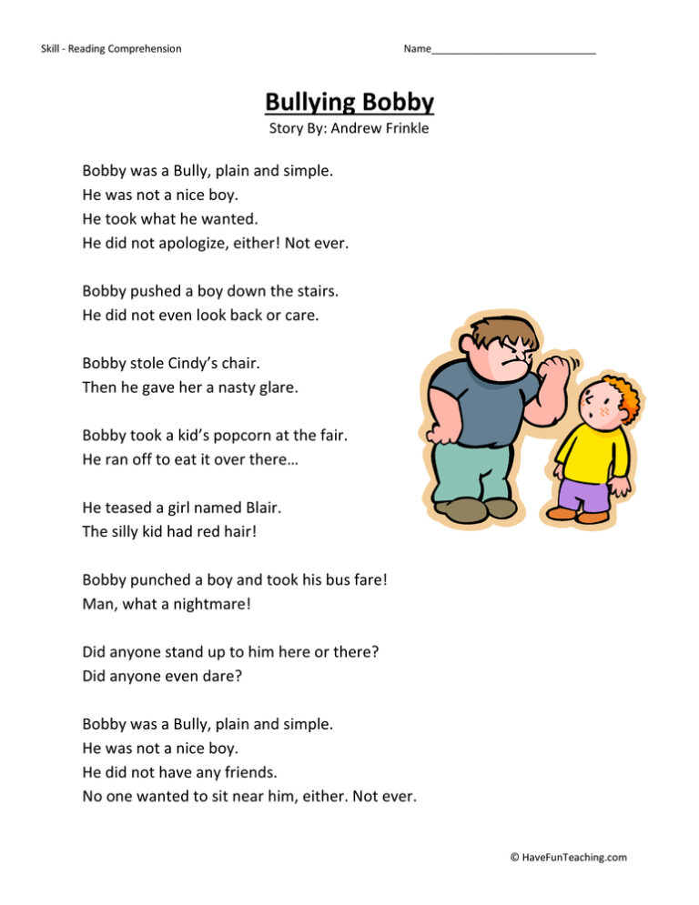 Bullying Bobby - Reading Comprehension Worksheet