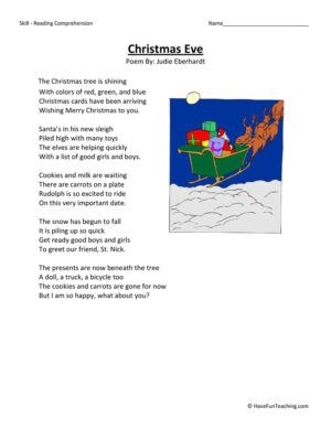 Christmas Eve Reading Comprehension Worksheet