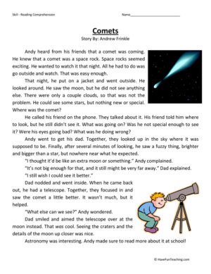 Comets Reading Comprehension Worksheet