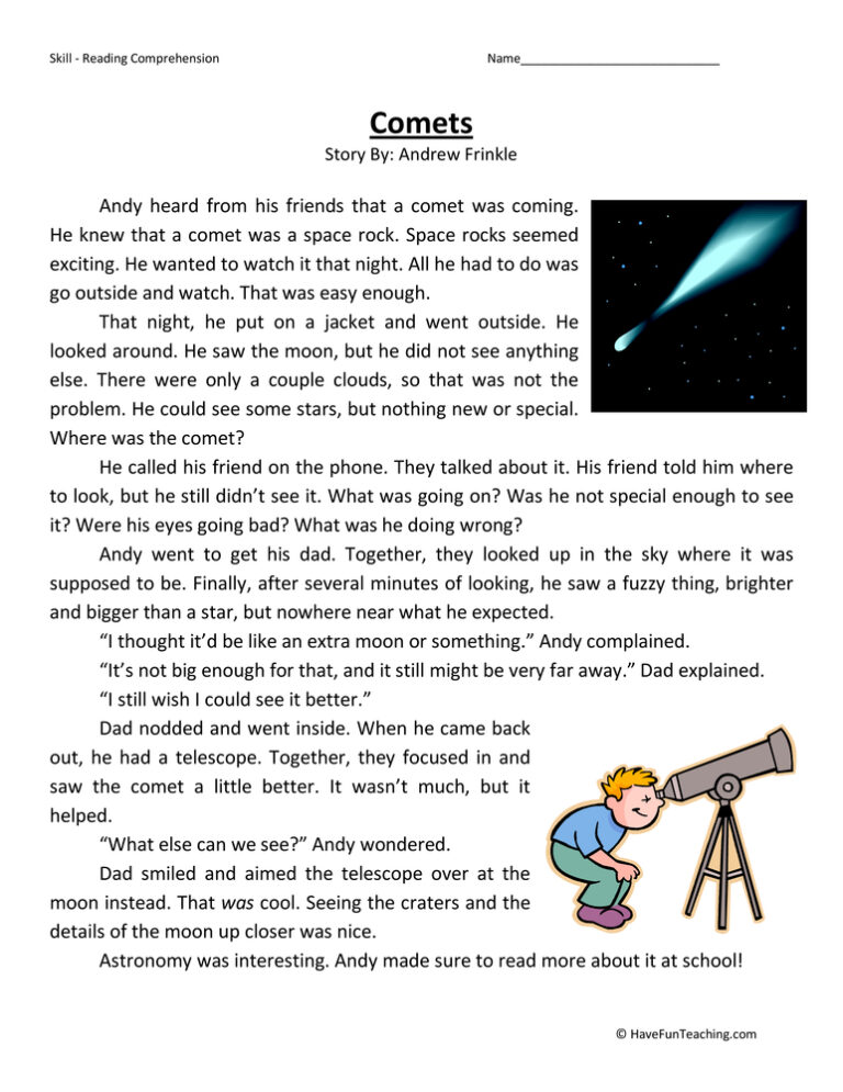 Comets Reading Comprehension Worksheet