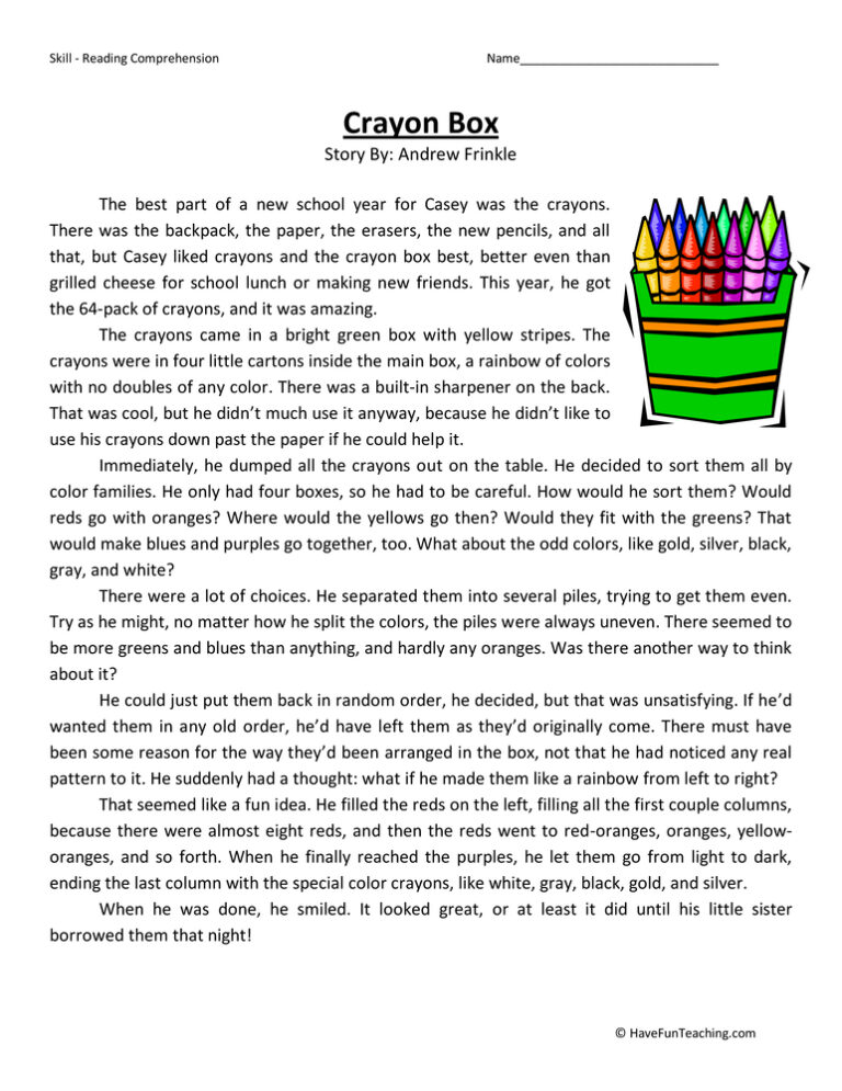 Crayon Box - Reading Comprehension Worksheet