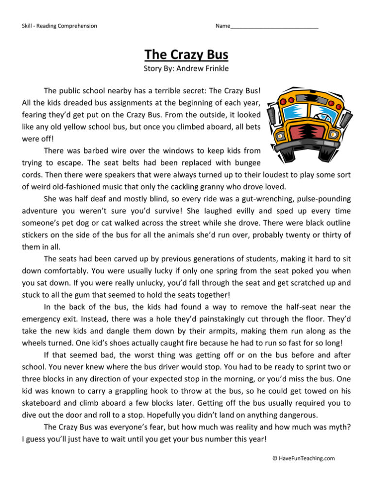 Crazy Bus Reading Comprehension Worksheet