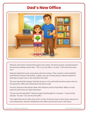 3rd Grade reading comprehension worksheet page with the story Dad’s New Office