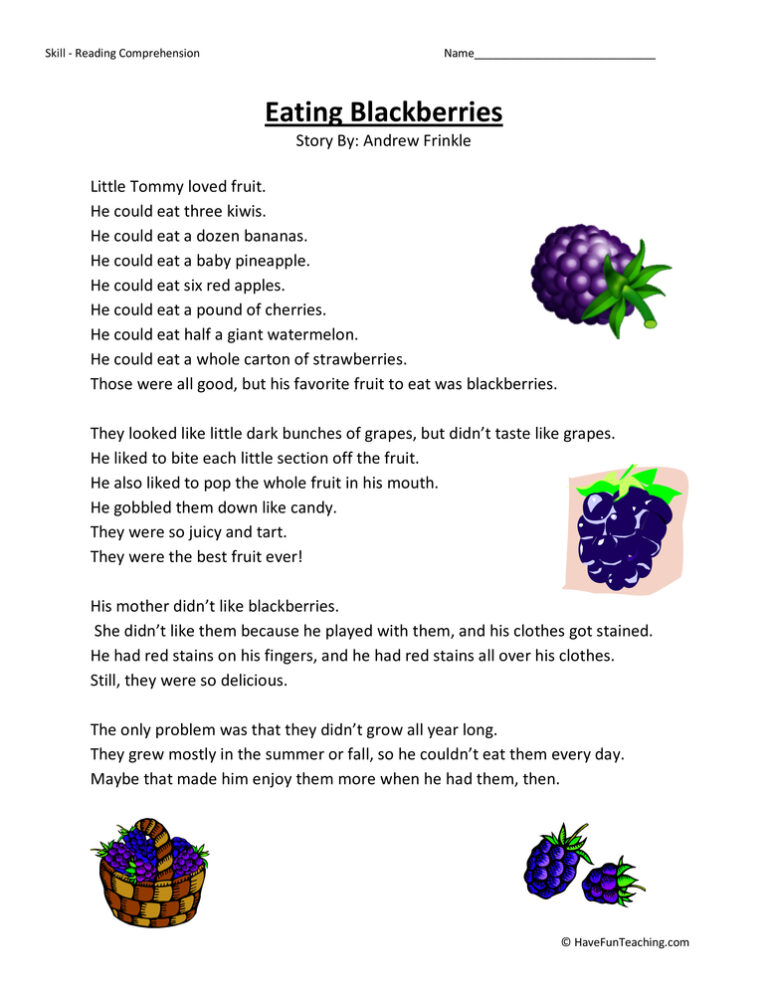 Eating Blackberries - Reading Comprehension Worksheet
