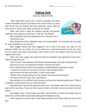 Faking Sick - Reading Comprehension Worksheet