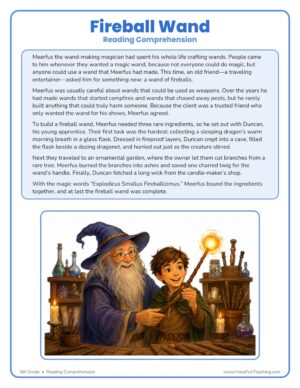 Fireball Wand fifth grade reading comprehension worksheet with a fantasy passage about Meerfus the wand-making magician and his apprentice Duncan.