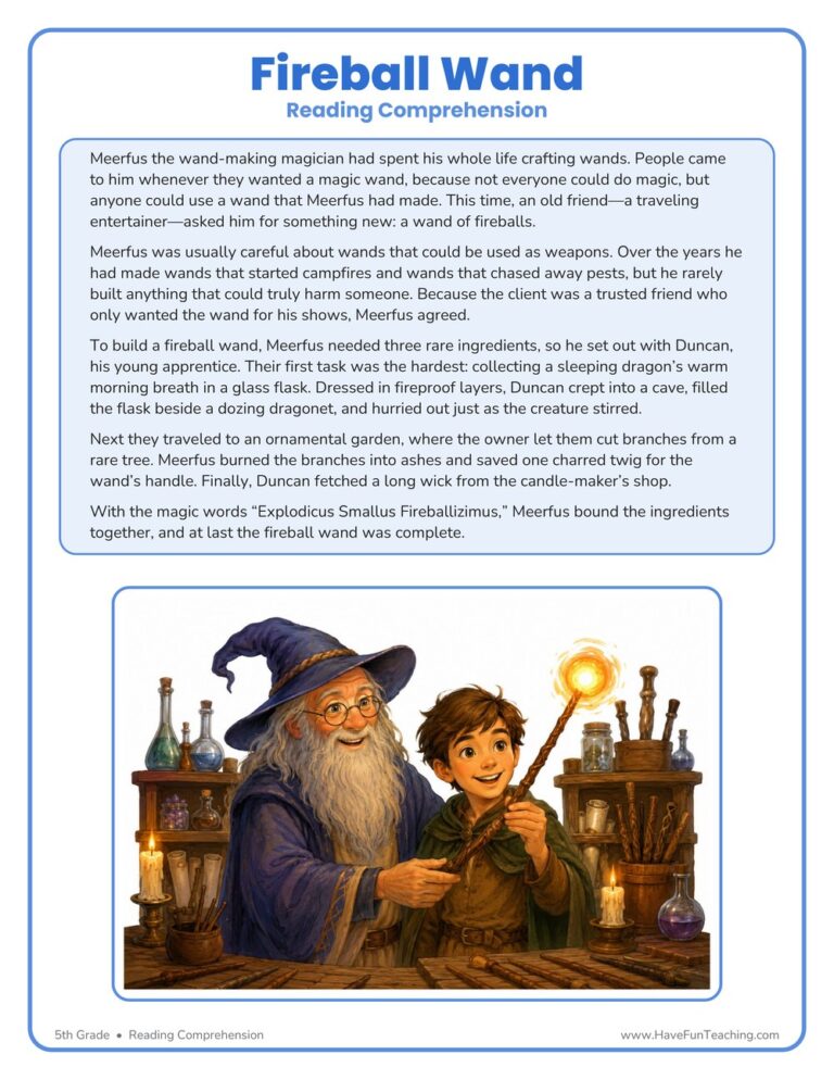 Fireball Wand - Fifth Grade Reading Comprehension Worksheet