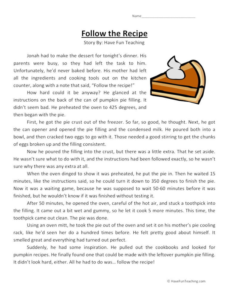 Follow the Recipe Reading Comprehension Worksheet