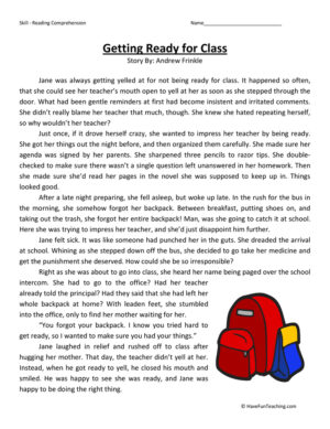 Getting Ready for Class - Reading Comprehension Worksheet