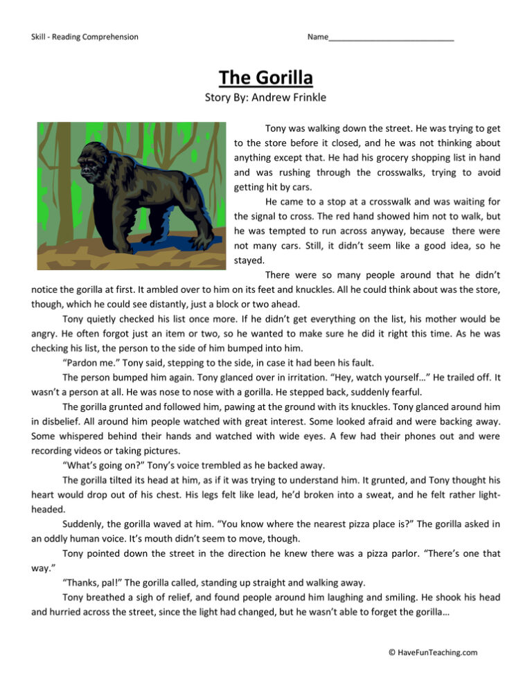 Gorilla Reading Comprehension Worksheet