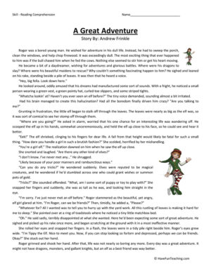 Great Adventure - Reading Comprehension Worksheet