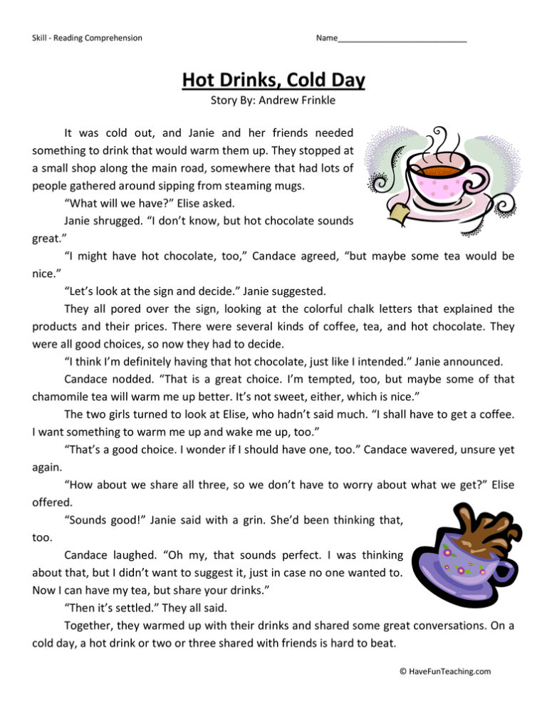 Hot Drinks Cold Day Reading Comprehension Worksheet