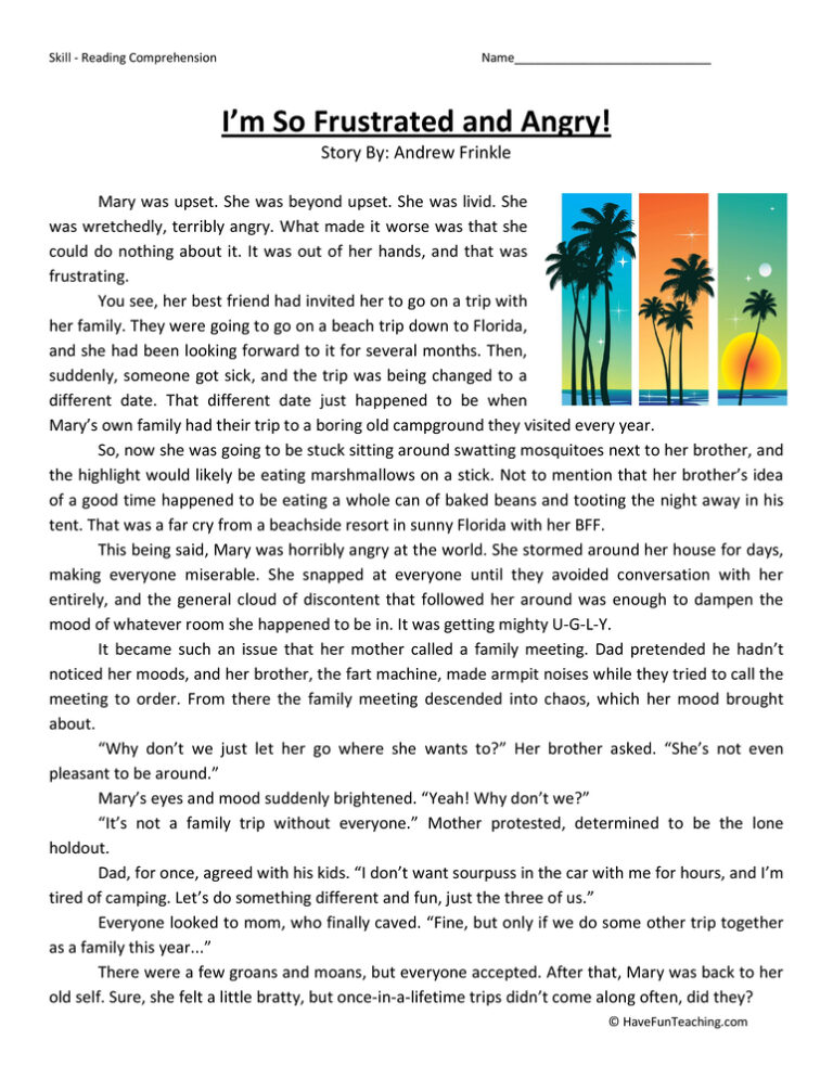 I'm So Angry and Frustrated Reading Comprehension Worksheet