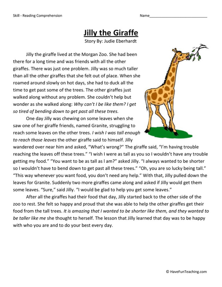 Jilly the Giraffe Reading Comprehension Worksheet