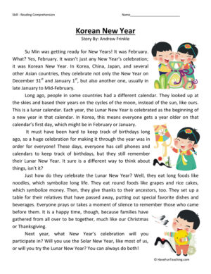 Korean New Year Reading Comprehension Worksheet